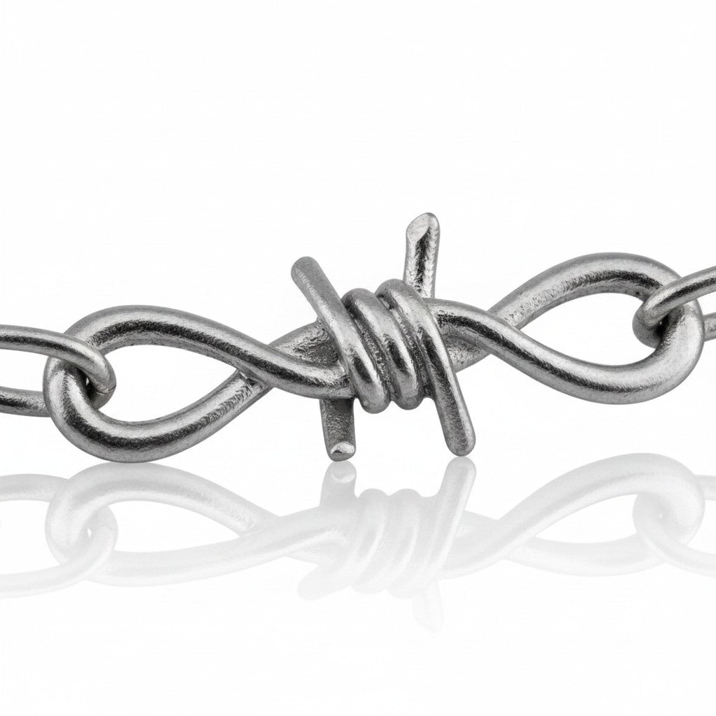Maniac silver stainless steel barbed wire chain bracelet with infinity loop links.