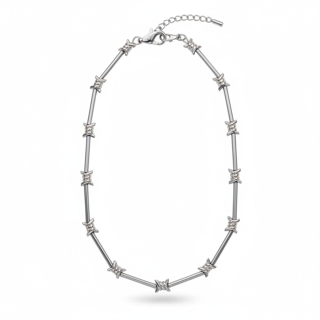 Maniac silver stainless steel barbed wire choker necklace with lobster clasp.