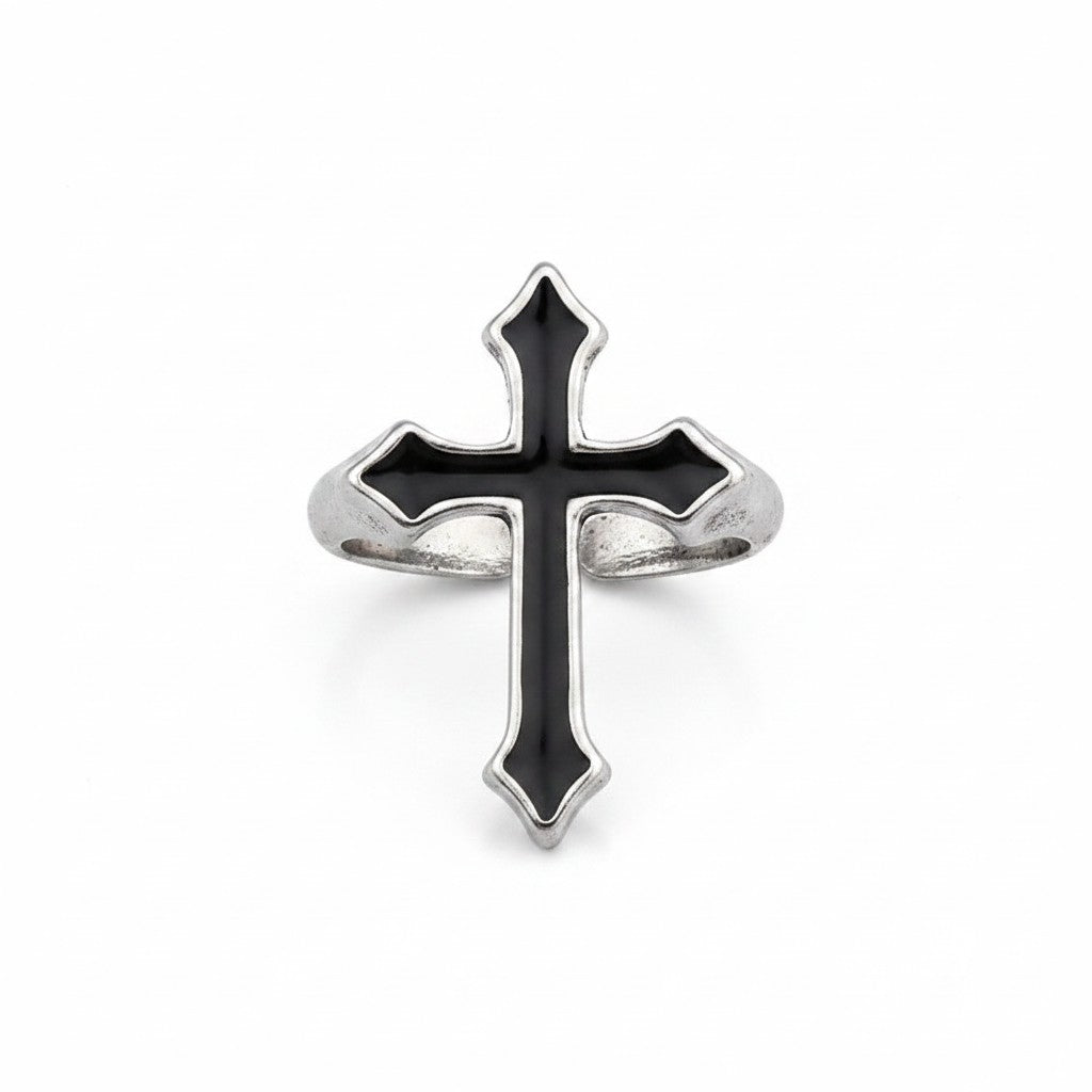 Maniac vintage black stainless steel gothic cross ring for women and men, perfect for parties.