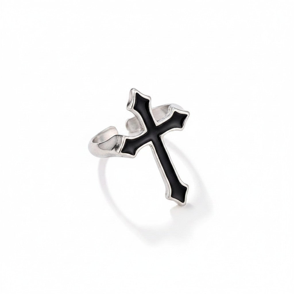 Maniac vintage black stainless steel gothic cross ring for women and men, ideal for parties.