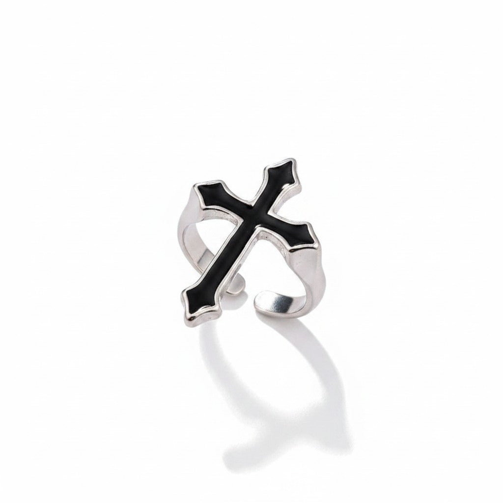 Maniac black stainless steel gothic cross ring for women and men, perfect for parties.