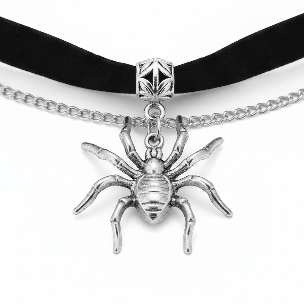 Maniac black faux leather choker necklace with silver chain and spider charms, perfect for gothic style.