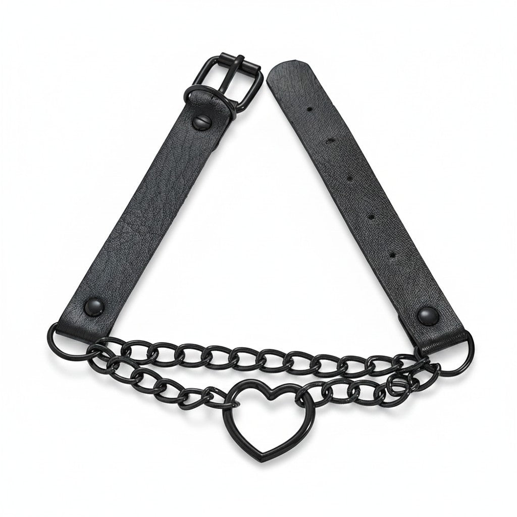 Maniac black PU leather choker necklace with a silver chain and a hollow heart pendant. Features a buckle closure.