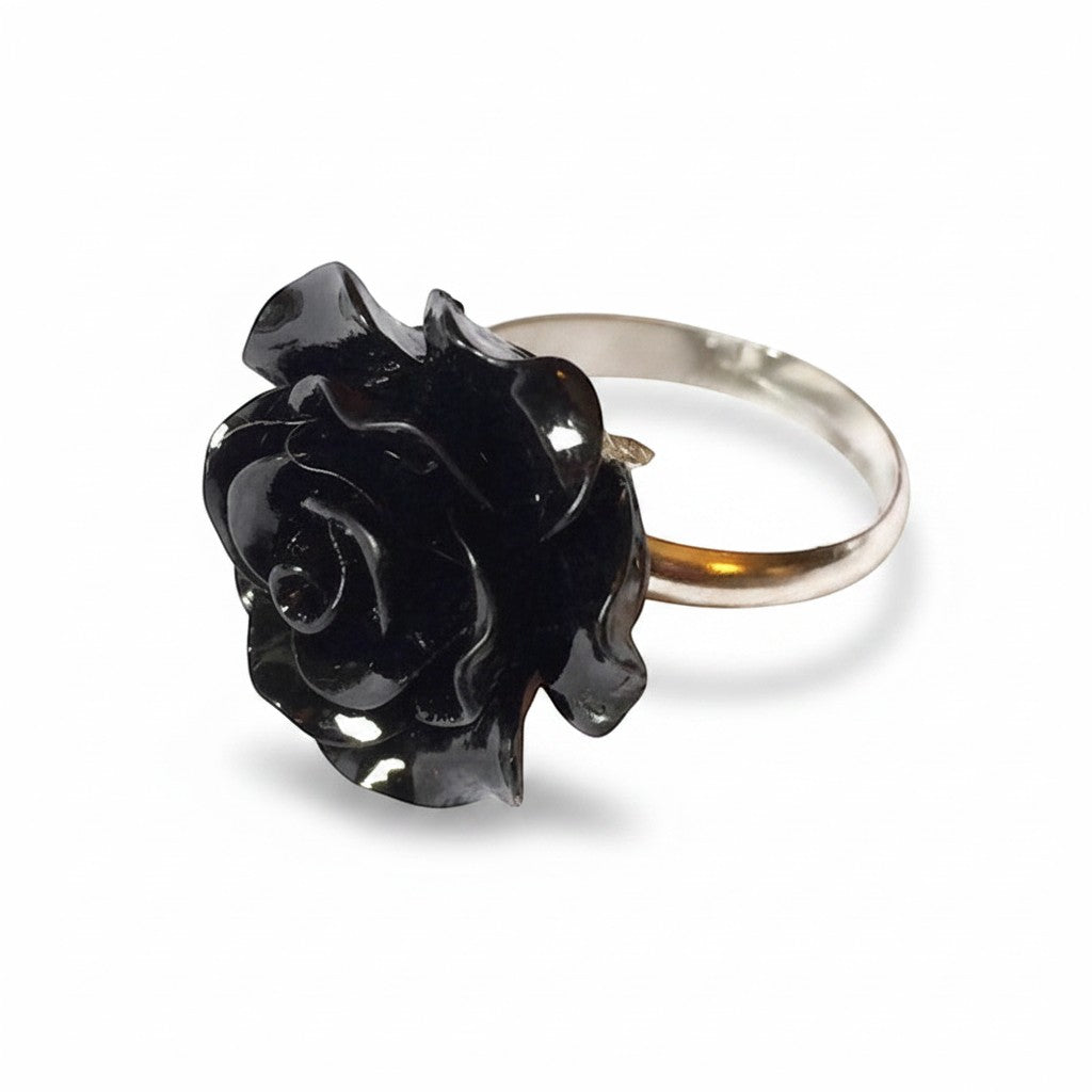 Maniac black resin rose flower ring with a silver stainless steel band. Vintage gothic jewelry.