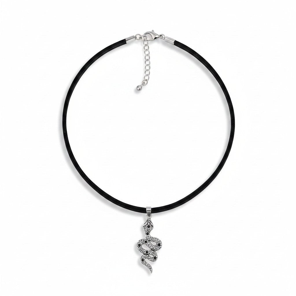 Maniac black velvet choker necklace with a silver snake pendant adorned with black stones. Gothic jewelry.
