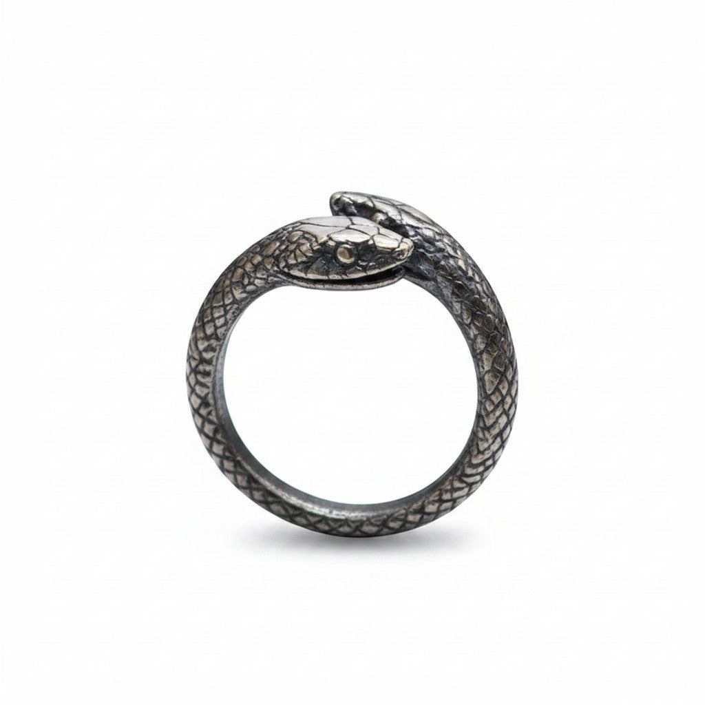Maniac double snake ring in stainless steel, gothic reptile jewelry with intricate scale detail.