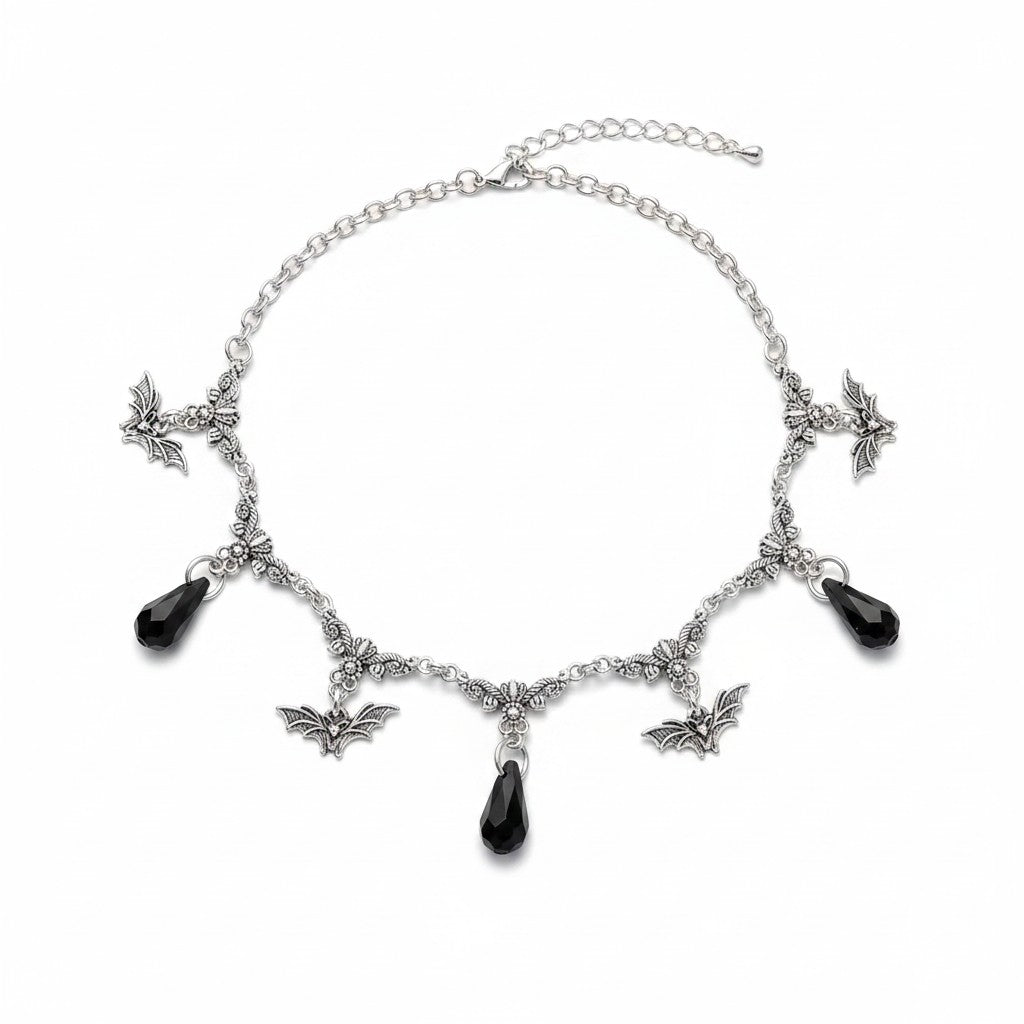 Maniac silver-tone necklace with bat charms and black teardrop gems, stainless steel, gothic punk jewelry.