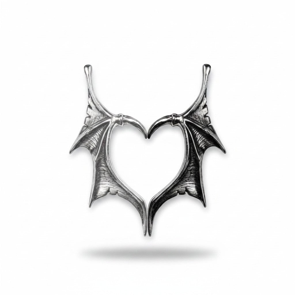 Maniac silver and black stainless steel couple necklaces with bat wing pendants forming a heart.