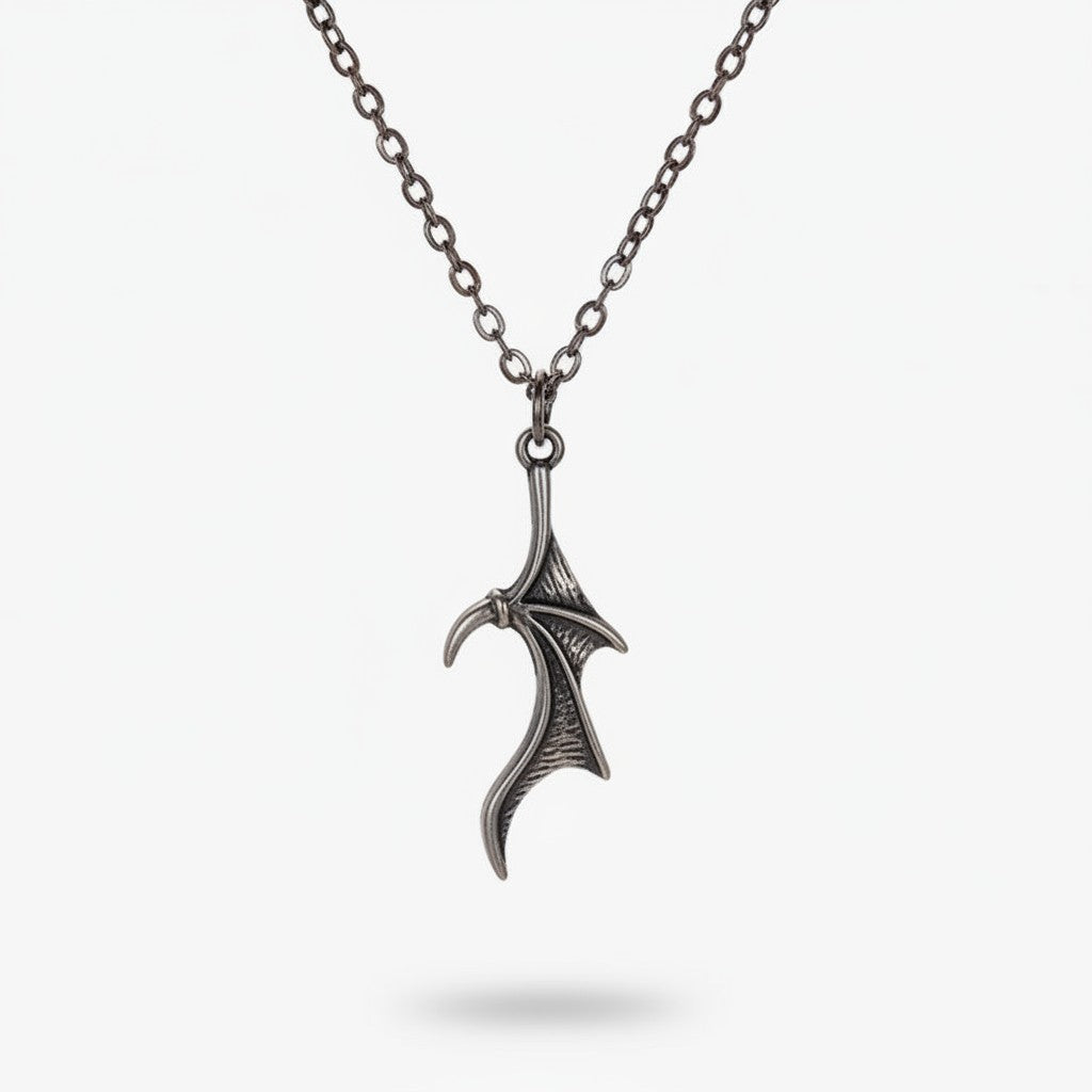 Maniac silver stainless steel gothic bat wing pendant necklace, punk style for couples.