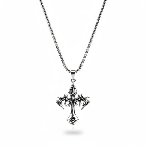 Maniac silver stainless steel gothic cross amulet pendant necklace with ornate detailing.