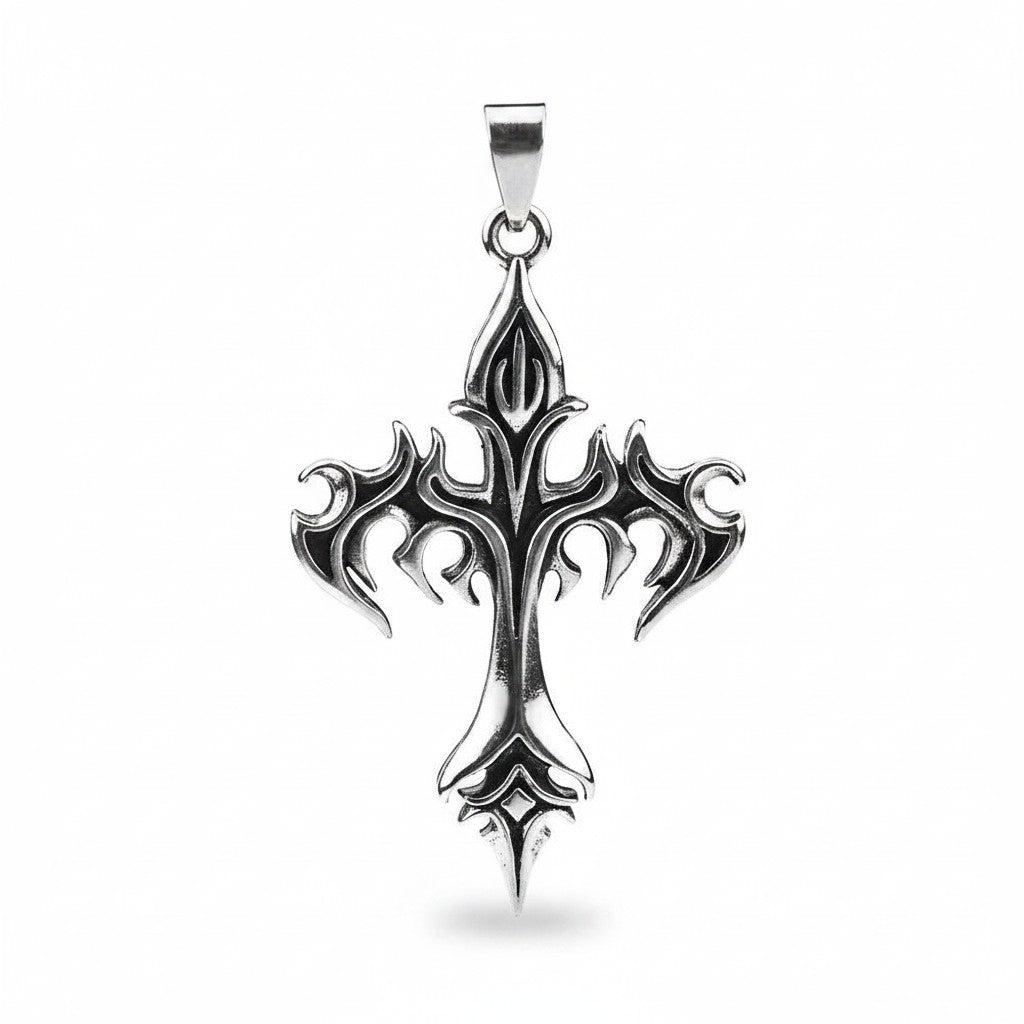 Maniac silver stainless steel gothic cross amulet pendant necklace with ornate detailing.