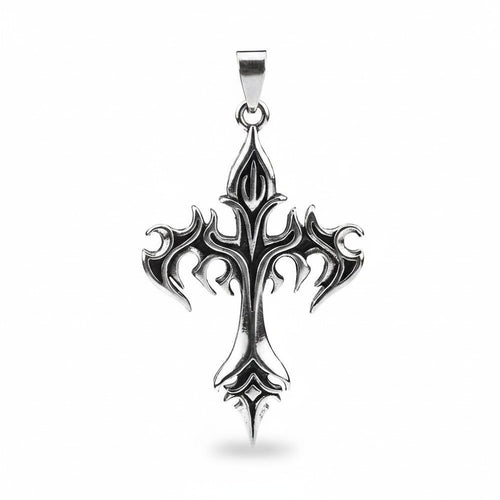 Maniac silver stainless steel gothic cross amulet pendant necklace with ornate detailing.
