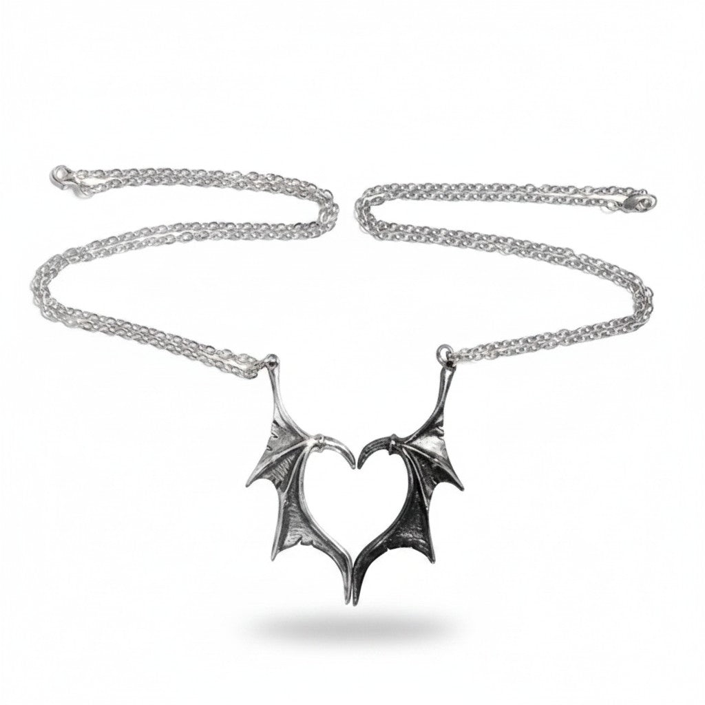 Maniac gothic devil wing heart necklaces for couples, stainless steel, silver and black.