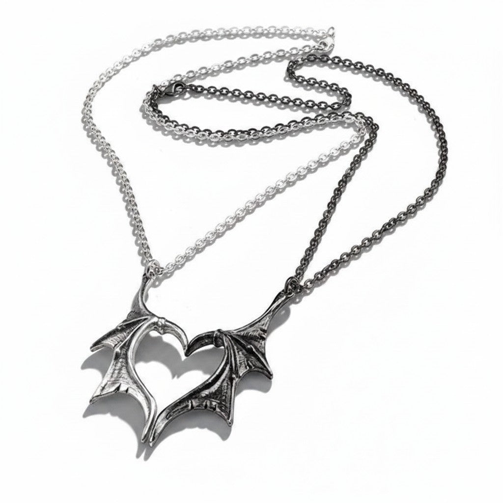 Maniac Gothic devil wing heart necklaces for lovers, stainless steel, silver and black.