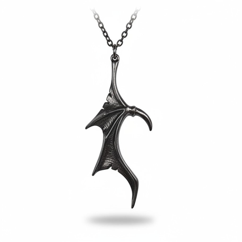 Maniac Gothic devil wing necklaces in silver and black stainless steel for couples. Punk bat wing design.