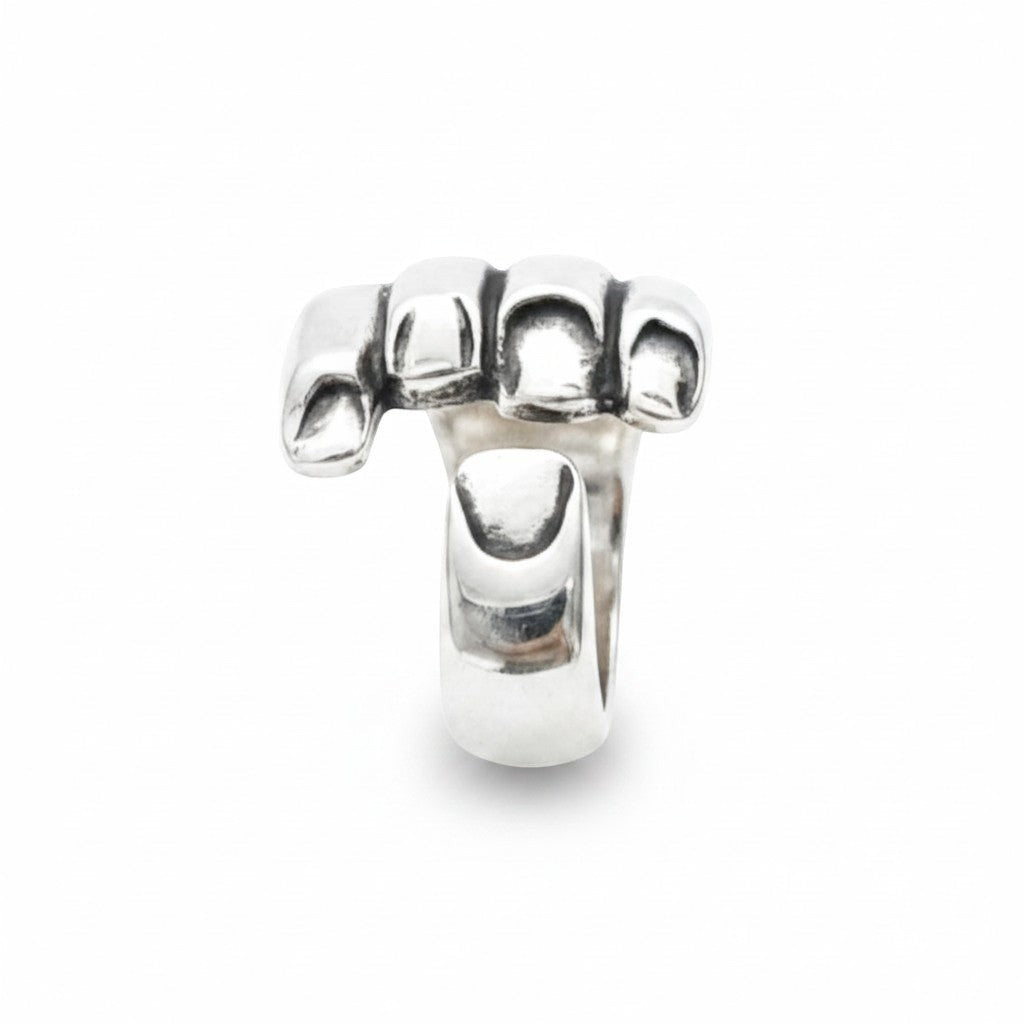 Maniac silver stainless steel gothic carved hand ring for women and men, adjustable cuff design.
