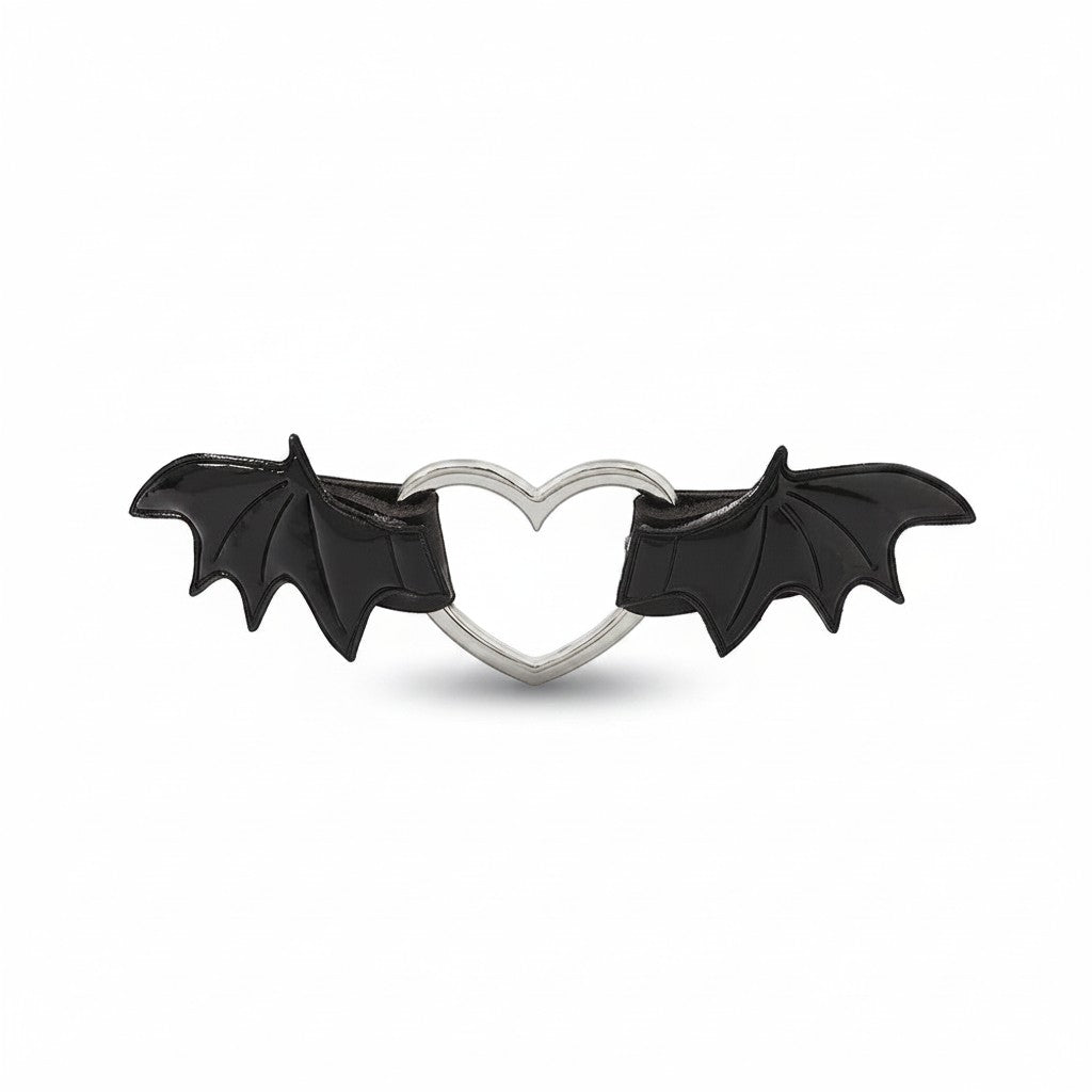 Maniac black faux leather choker with silver heart and bat wings, stainless steel.
