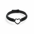 Maniac black PU leather choker necklace with a hollow heart pendant and chunky chain.