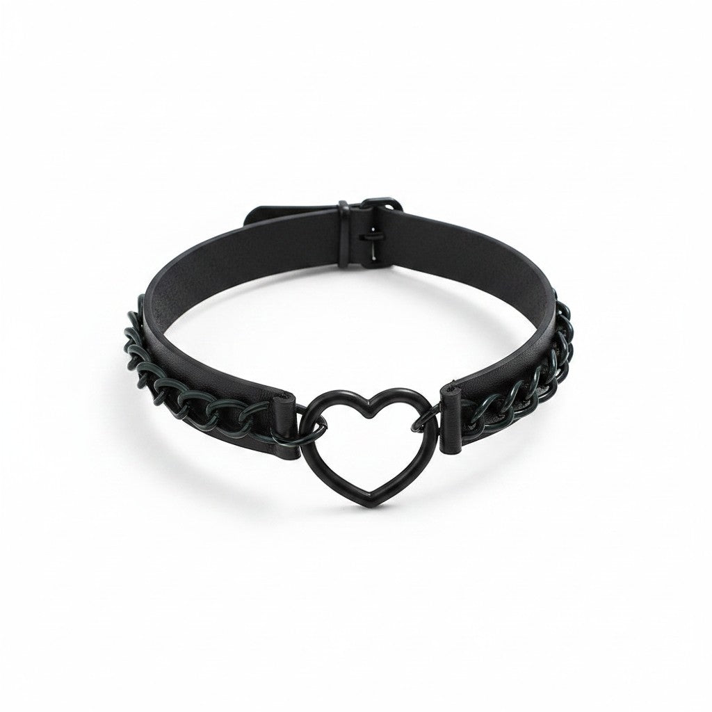 Maniac black PU leather choker necklace with a hollow heart pendant and chunky chain.