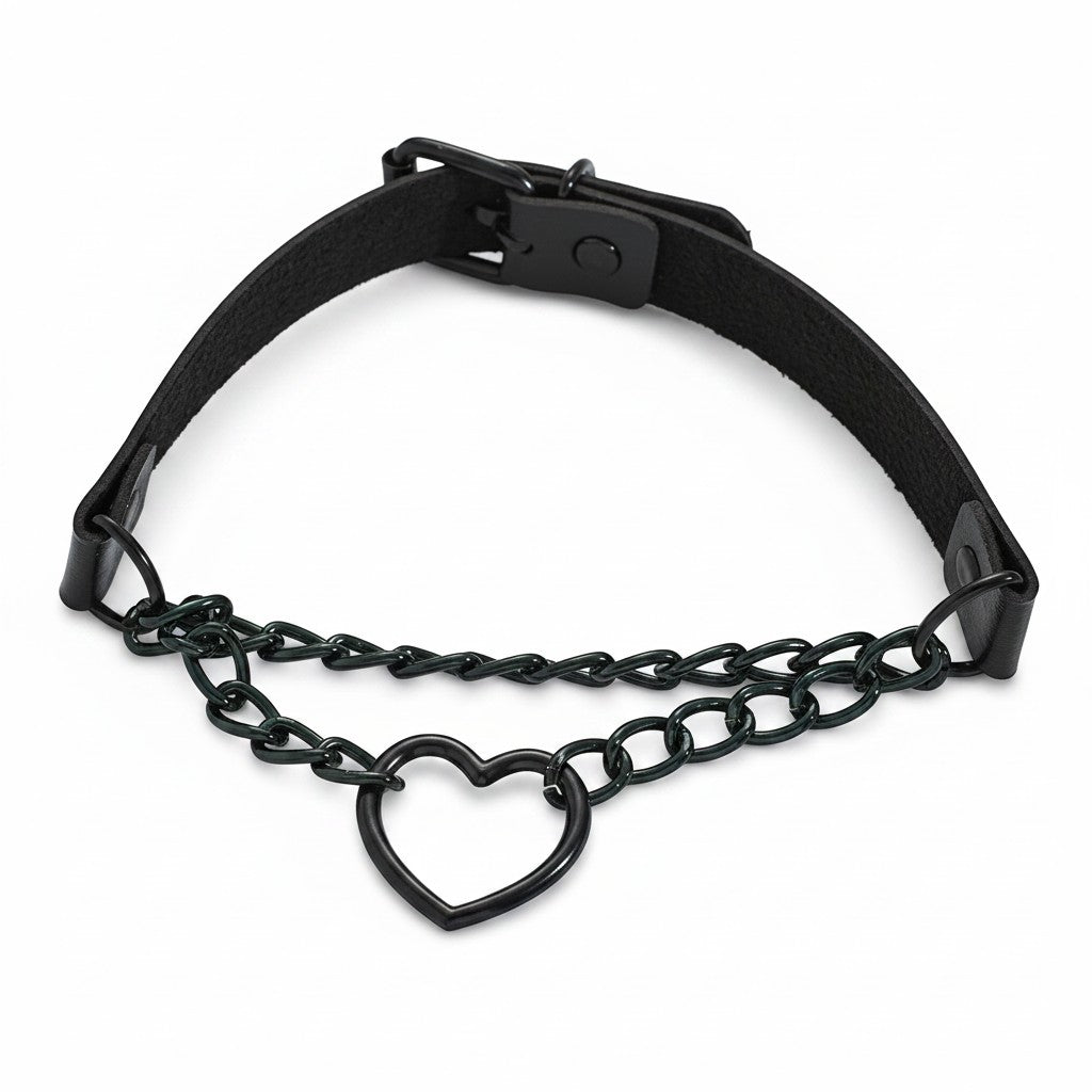 Maniac black PU leather choker necklace with a silver-tone heart pendant and buckle closure.