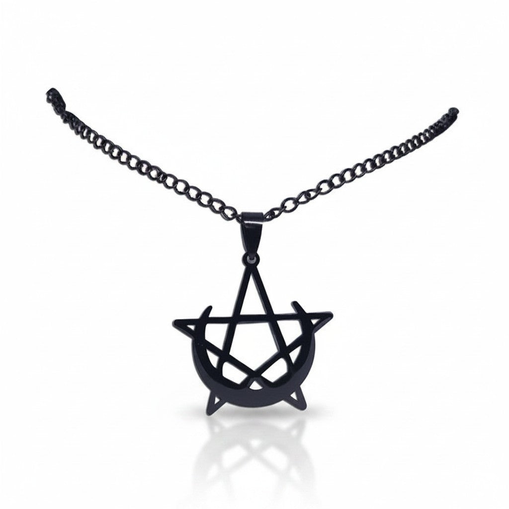 Maniac stainless steel gothic pendant necklace featuring a black moon and pentagram design.
