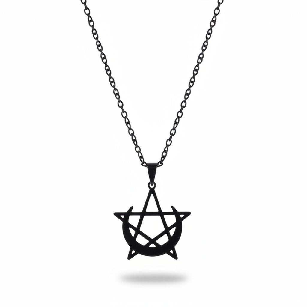 Maniac black stainless steel gothic moon and pentagram pendant necklace with chain.