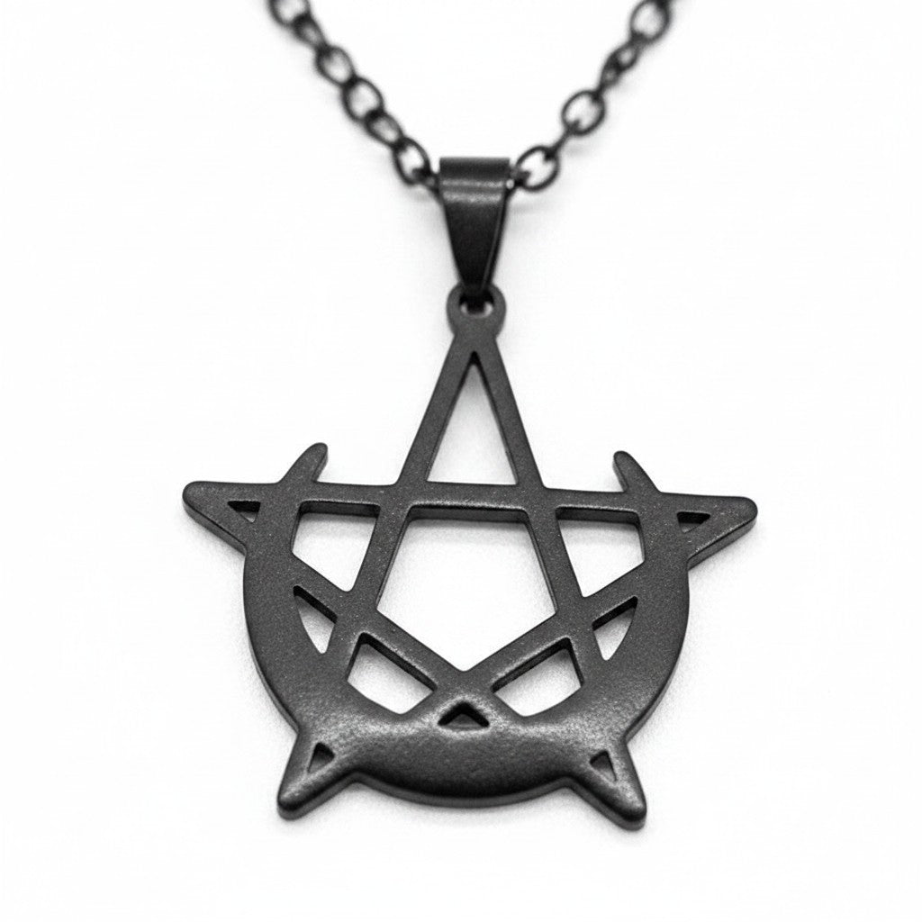 Maniac stainless steel black gothic moon and pentagram pendant necklace with chain.
