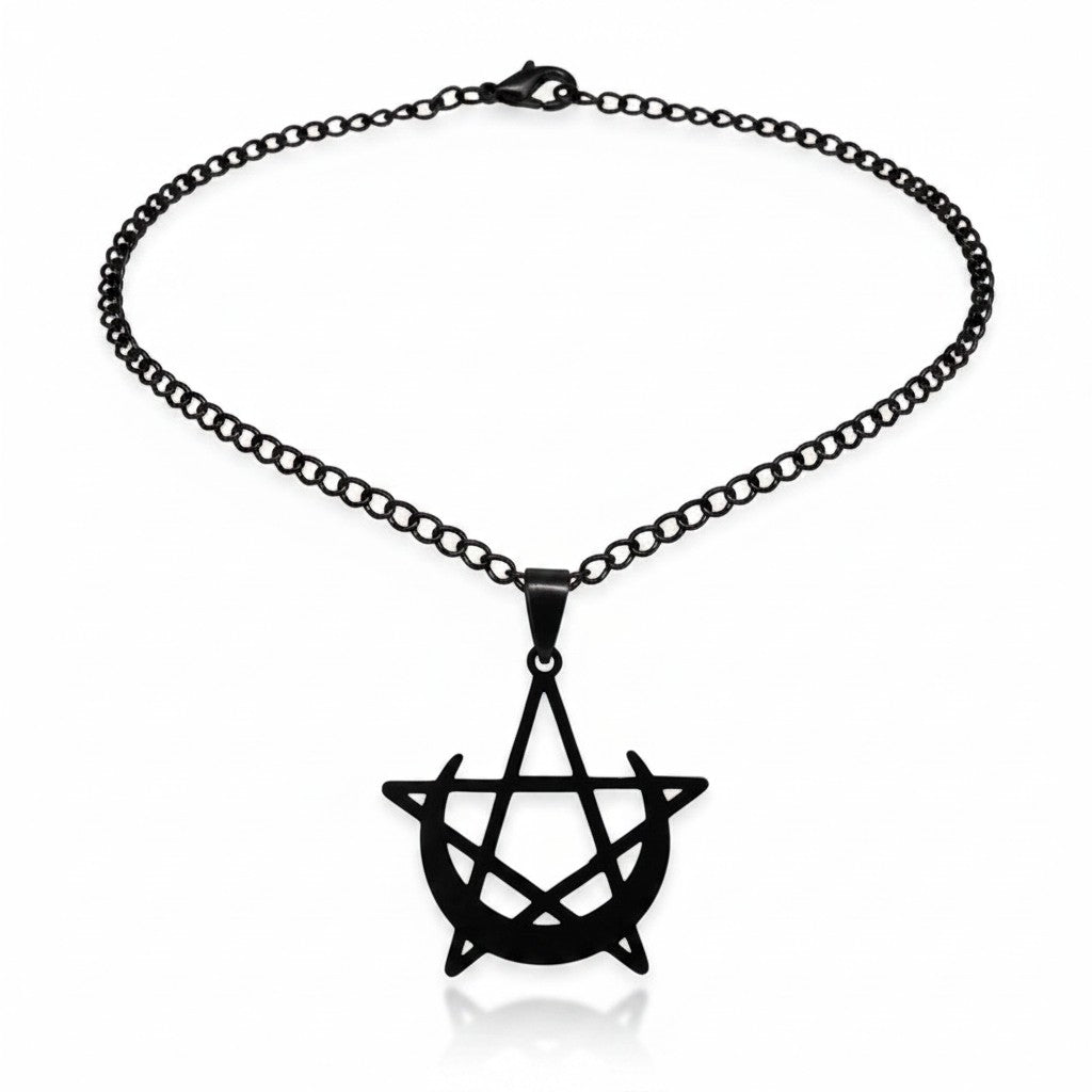 Maniac black stainless steel gothic moon and pentagram pendant necklace with chain.