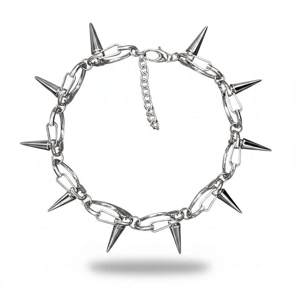Maniac silver stainless steel gothic punk spike chain necklace for men and women.