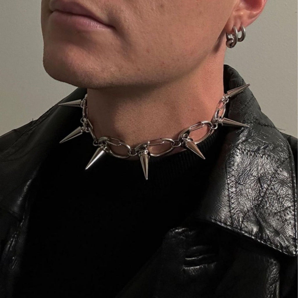 Maniac silver stainless steel gothic punk spiked chain necklace for men and women.