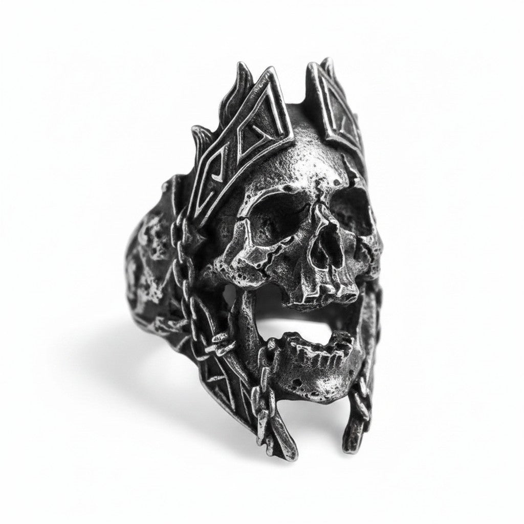 Maniac stainless steel men's gothic skull ring with crown detail and intricate chain design.