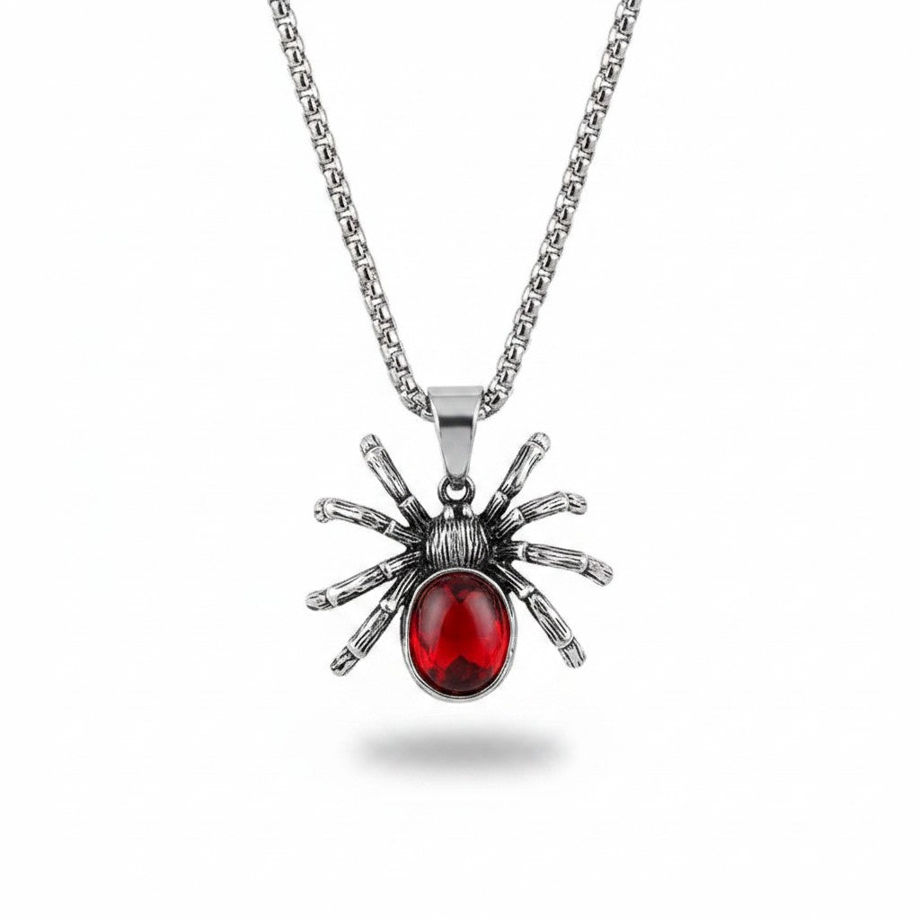 Maniac stainless steel gothic spider pendant necklace with large red crystal for men.