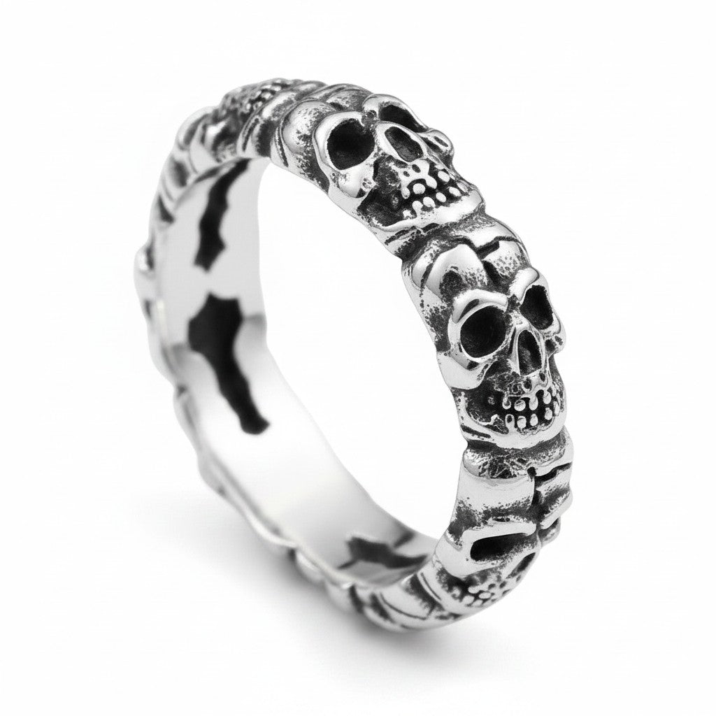 Maniac silver stainless steel ossuary skull ring with detailed skull design.