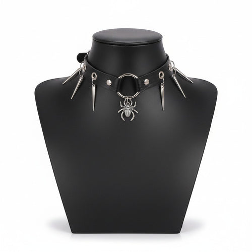 Maniac black leather punk choker necklace with silver spider and spike charms. Stainless steel.