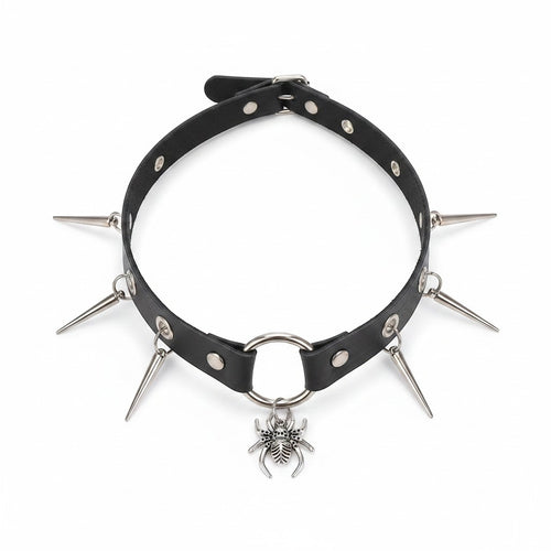 Maniac black faux leather choker necklace with silver spider and spike charms. Adjustable punk style.