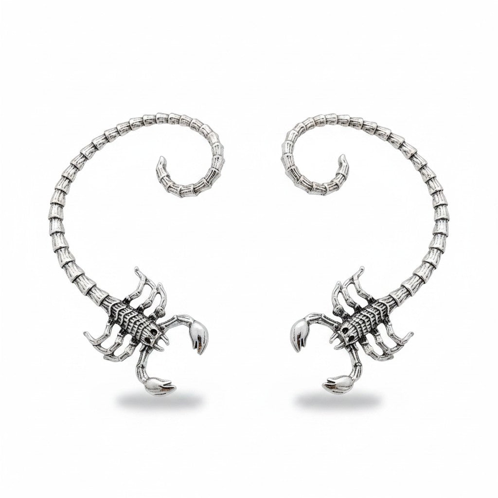 Maniac silver-tone stainless steel scorpion ear climber earrings with gothic, hip-hop style.