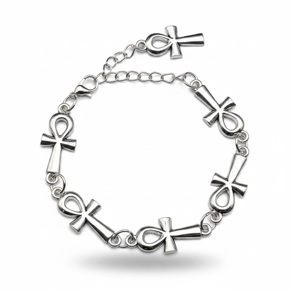Maniac silver stainless steel Ankh bracelet with a gothic vampire style. Features multiple Ankh symbols linked by a chain.