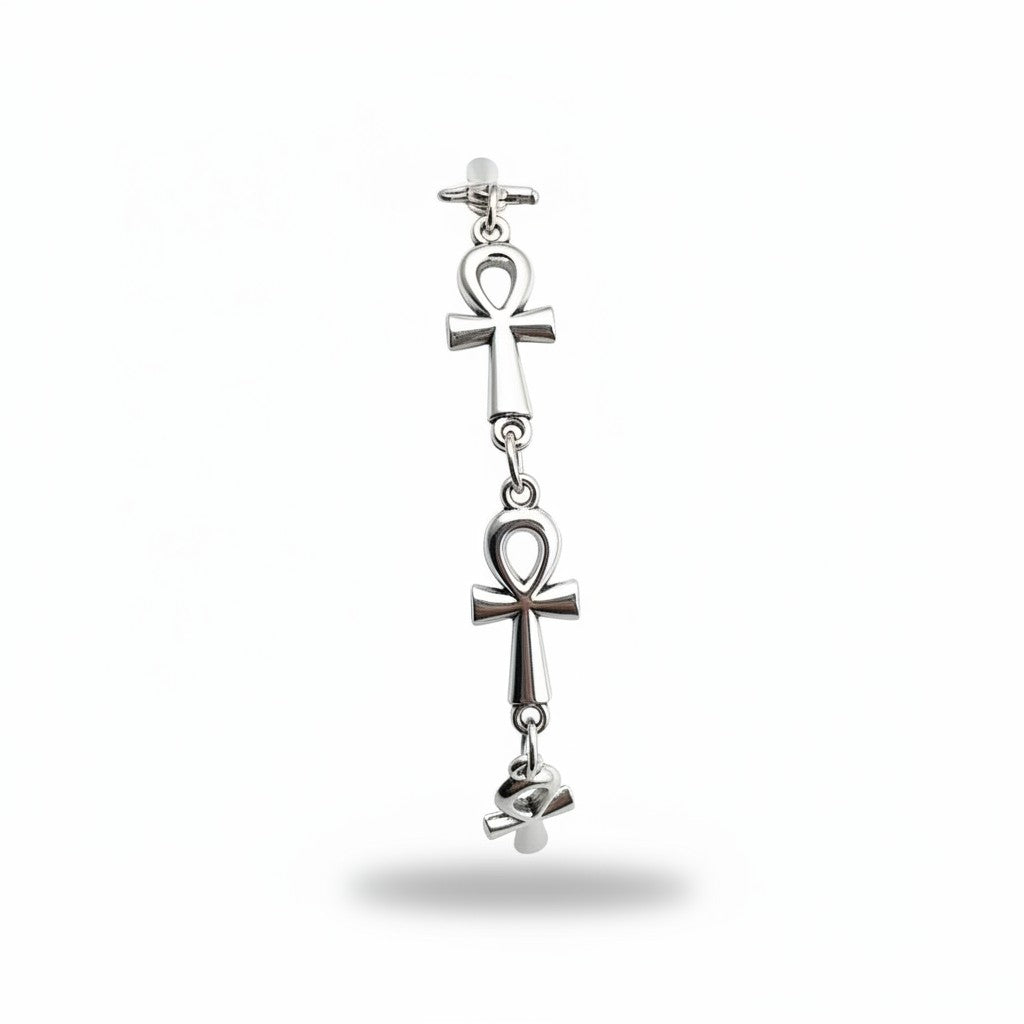 Maniac silver-tone stainless steel bracelet with ankh symbols, gothic vampire style.