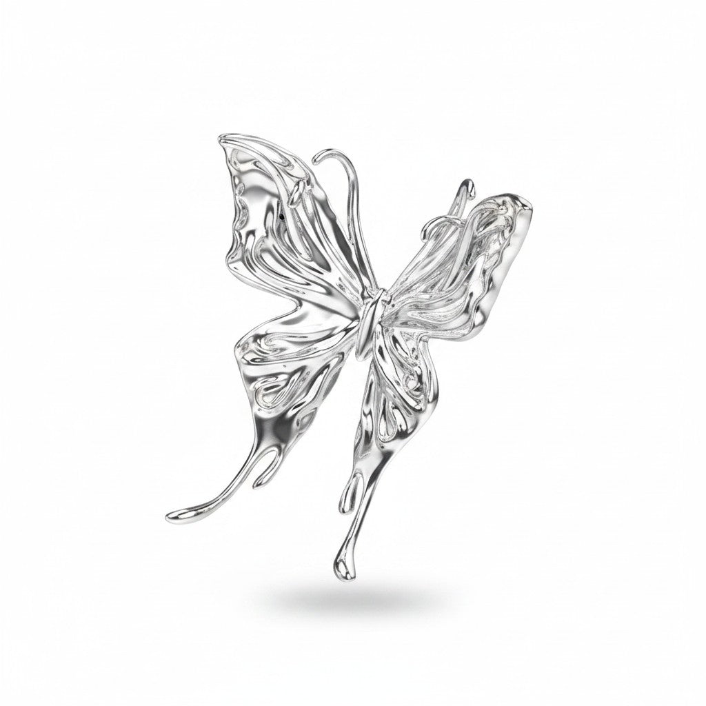 Maniac silver stainless steel three-dimensional butterfly earrings with intricate wing details.