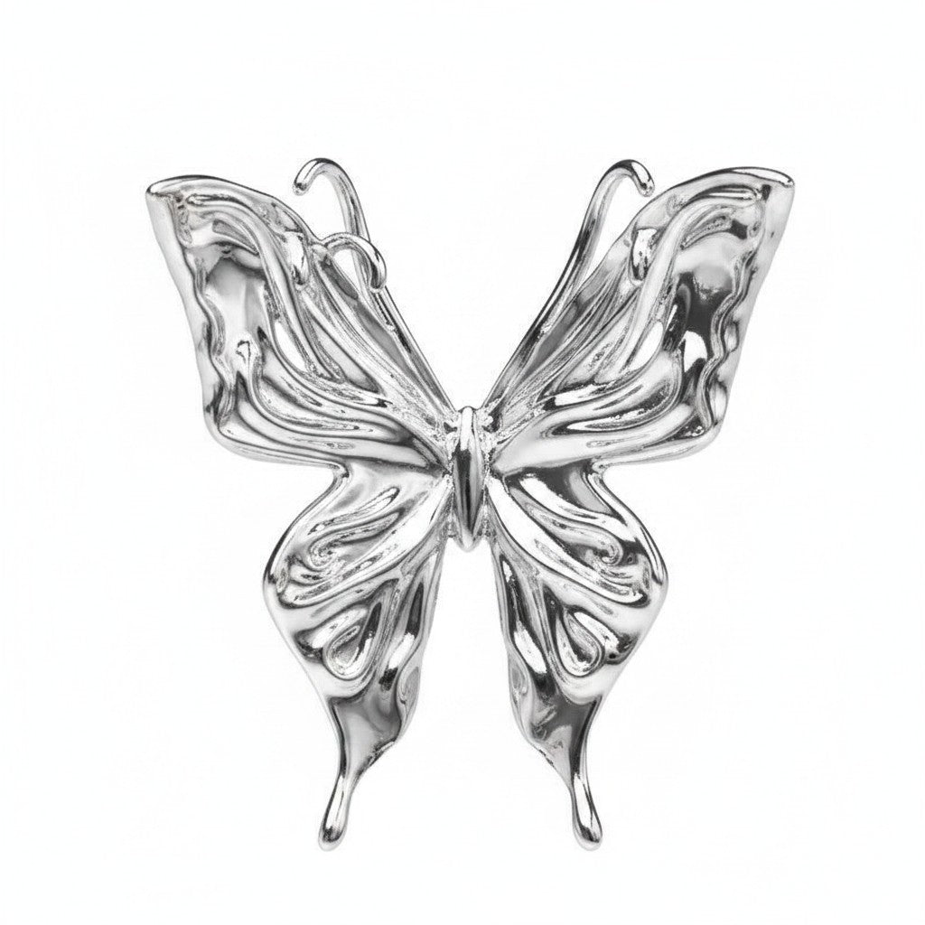 Maniac silver stainless steel three-dimensional butterfly earrings with a fluid, melting design.