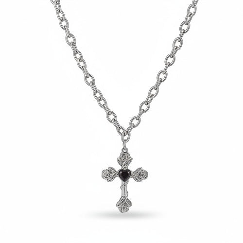 Maniac silver stainless steel cross necklace with rose details and black heart center. Adjustable chain.