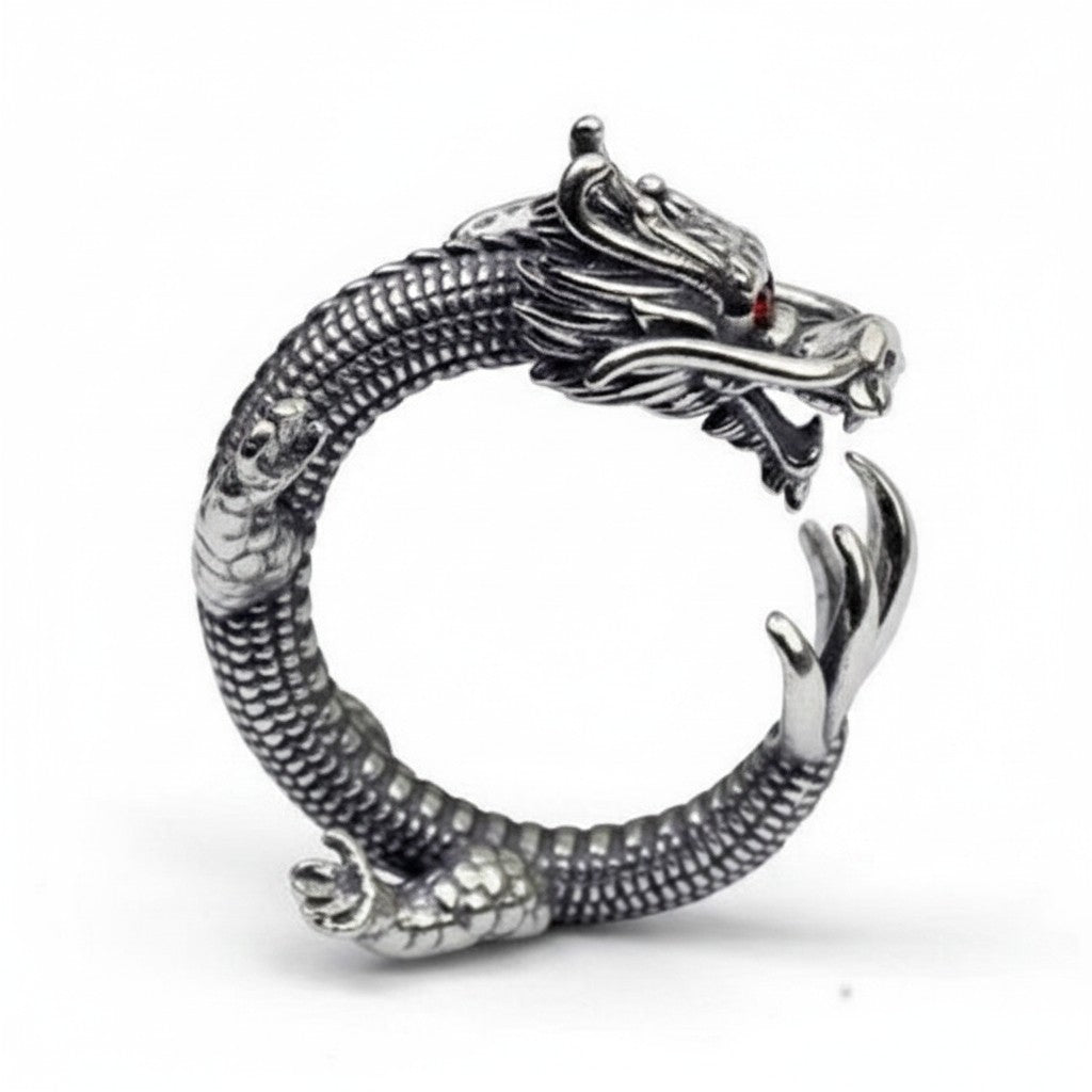 Maniac silver stainless steel dragon ring with red eyes, retro style, adjustable.
