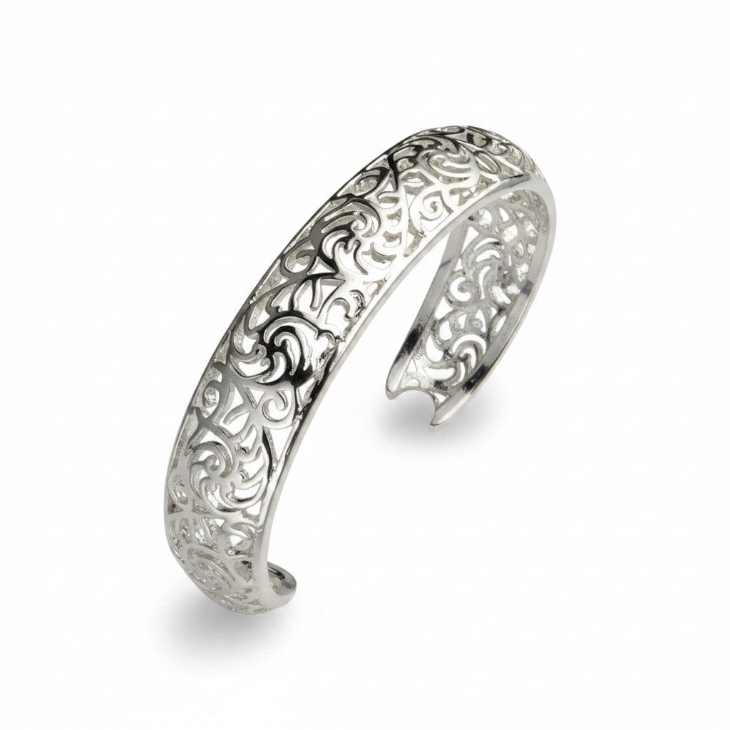 Maniac silver hollow pattern cuff bracelet for women, intricate filigree design, perfect for weddings and parties.