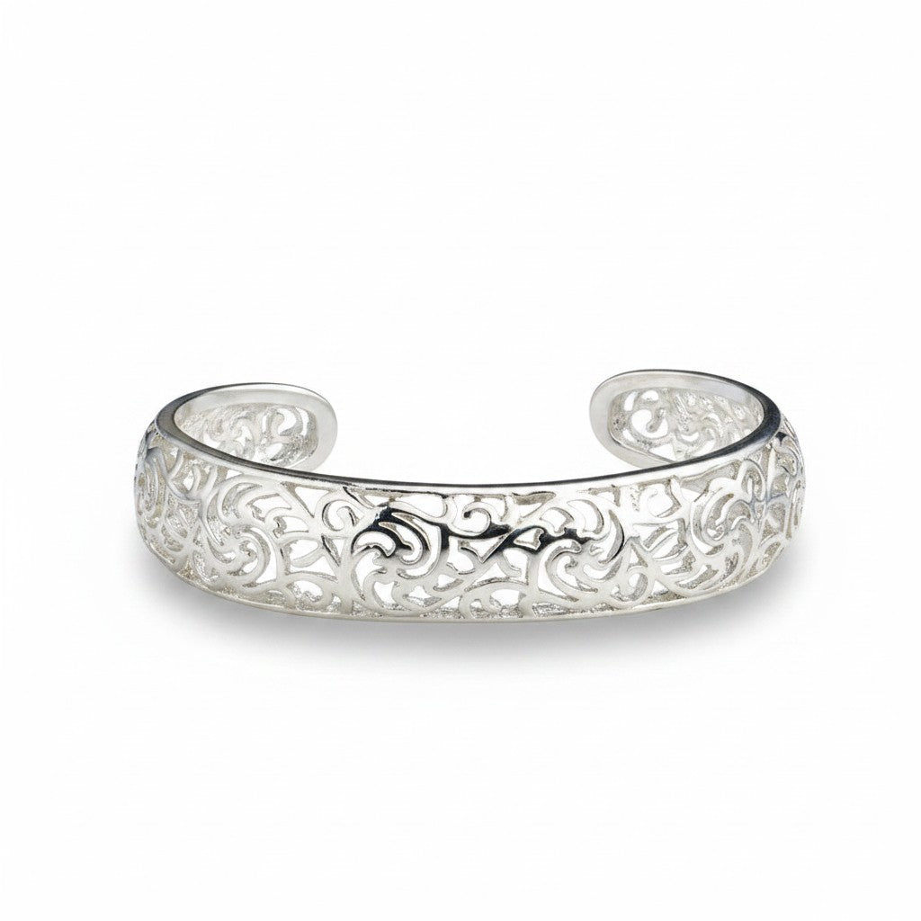 Maniac silver hollow pattern cuff bracelet for women, elegant filigree design, perfect for weddings and parties.
