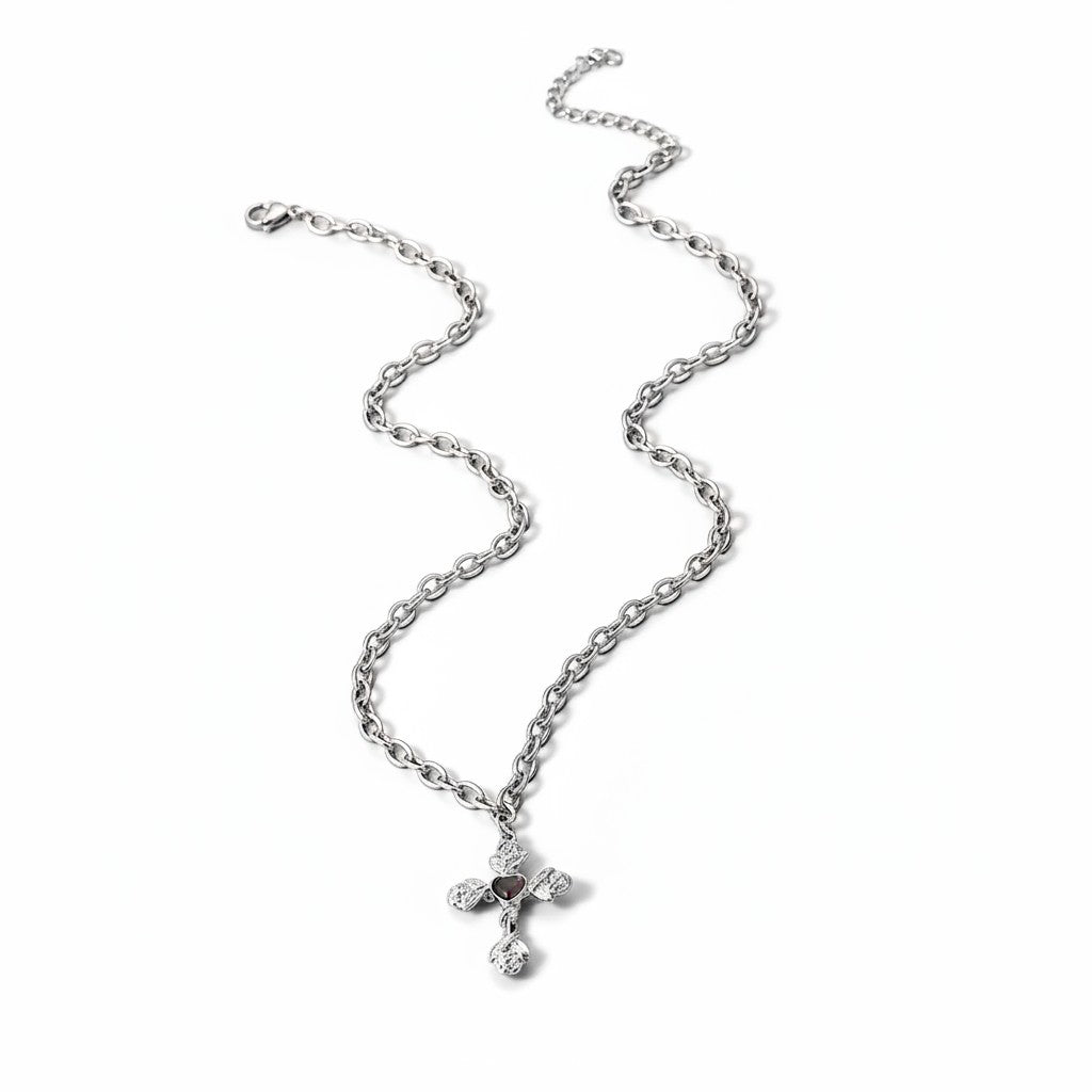 Maniac silver stainless steel cross necklace with rose detail and crystal accents
