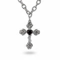 Maniac silver stainless steel cross necklace with rose details and black heart pendant.