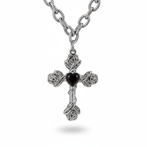 Maniac silver stainless steel cross necklace with rose details and black heart pendant.