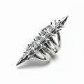 Maniac silver stainless steel full finger skeleton ring with gothic spike details.