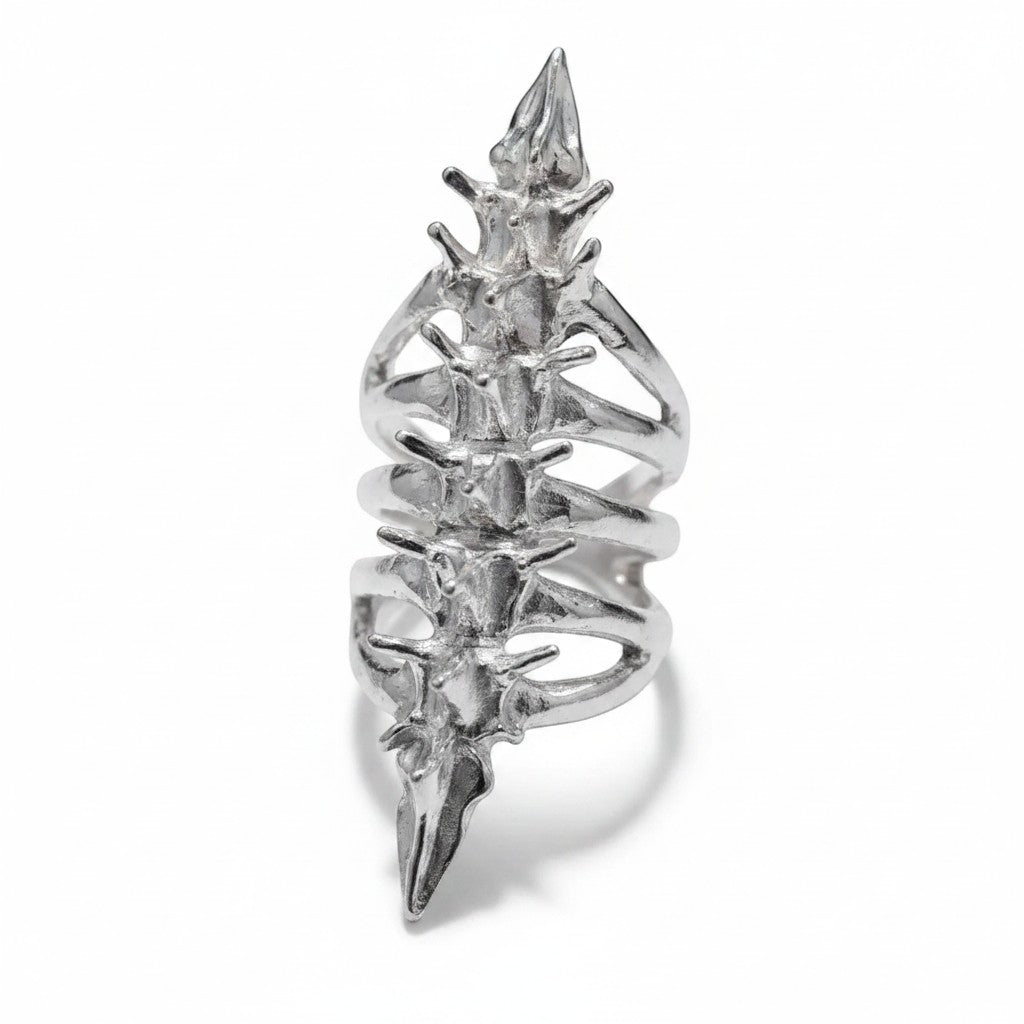 Maniac silver stainless steel gothic skeleton ring with a detailed spine design.