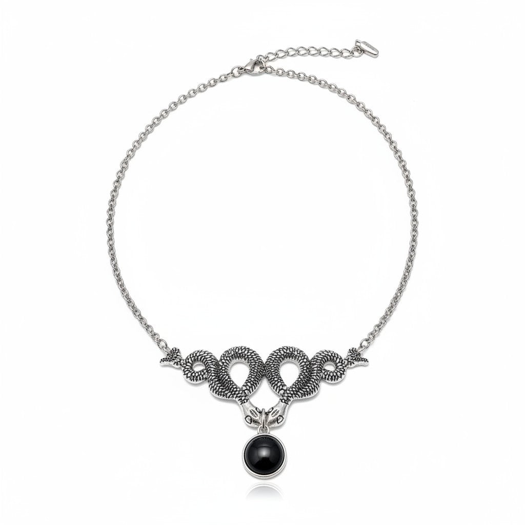 Maniac silver snake choker necklace with black labradorite stone, gothic jewelry style.